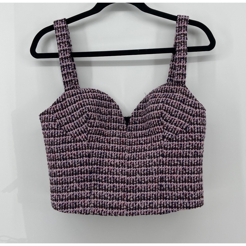 Dark Academia Womens Pink Purple Tweed Bustier Crop Top Sweetheart Neck Size M